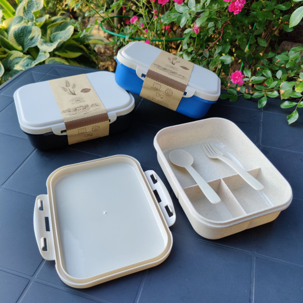 ЭКО ланч-бокс Ulf с приборами 1000 мл. / Контейнер для еды из пшеничного волокна разделенный